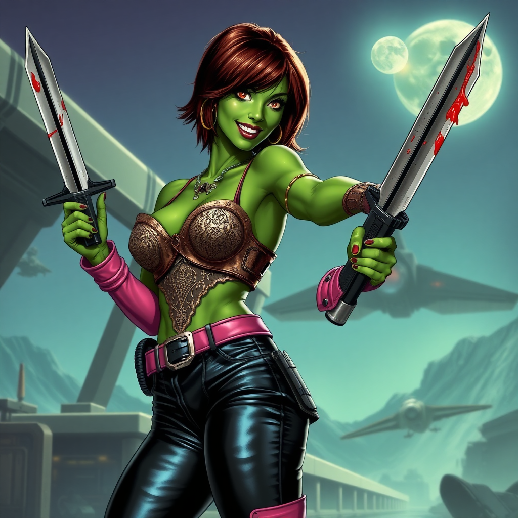 Tall, beautiful green-skinned woman. Her brown hair is in a shag-cut style. Her eyes are gold. She is dressed in an ornate metal bra. She is wearing black leather pants, with pink knee-high boots. She is holding a large, bloody dagger in a threatening manner. She is smiling. A sci-fi looking gun is holstered at her hip. She is at a sci-fi space-port. A spaceship is seen in the sky, a moon behind it.