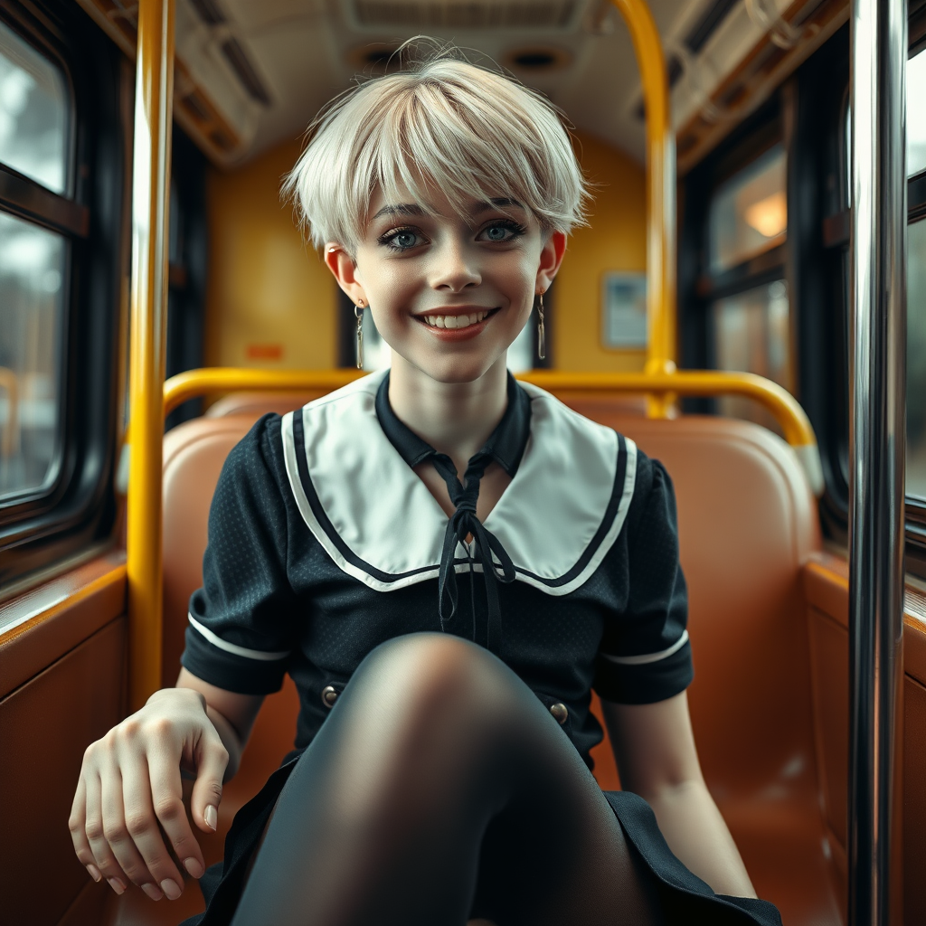 photorealistic, ultra high resolution, 16K, surreal fantasy, soft studio lighting, a pretty 18 year old goth male, slim male physique, short blonde hair, goth makeup, earrings, shiny black pantyhose, UK girls-school uniform, Mary-Jane shoes, sitting in the school bus, excited smile, facing the camera.