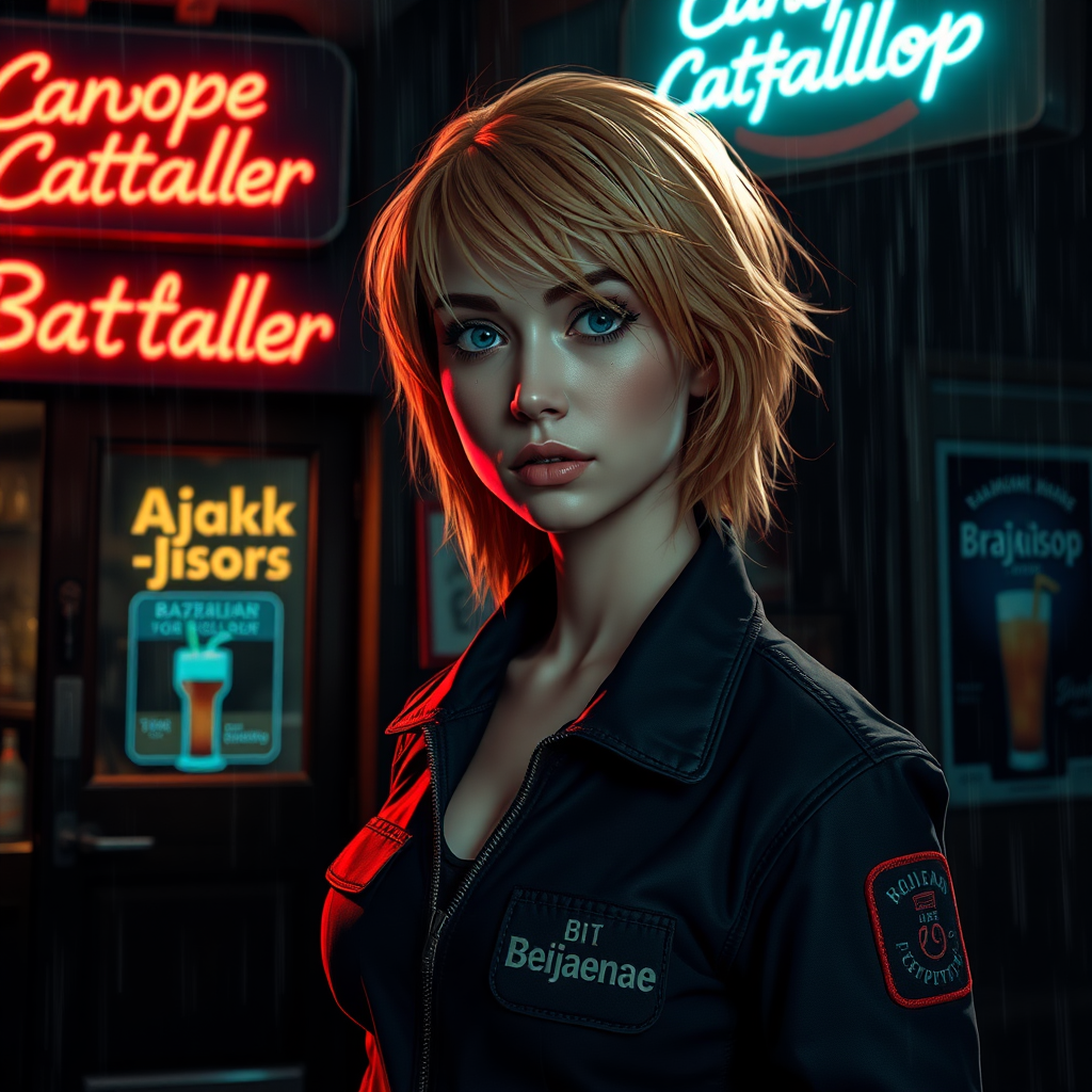 A girl with a face like (Ana de Armas), pale, no makeup, messy shoulder-length strawberry blonde hair, athletic, wearing a flight suit, "Benaenae" badge on the pocket. A run-down bar with the words "Canopean Catcaller" in neon above the door. Night, raining, realistic, lens flare. Advertisement for a drink called "Brajkaisop".