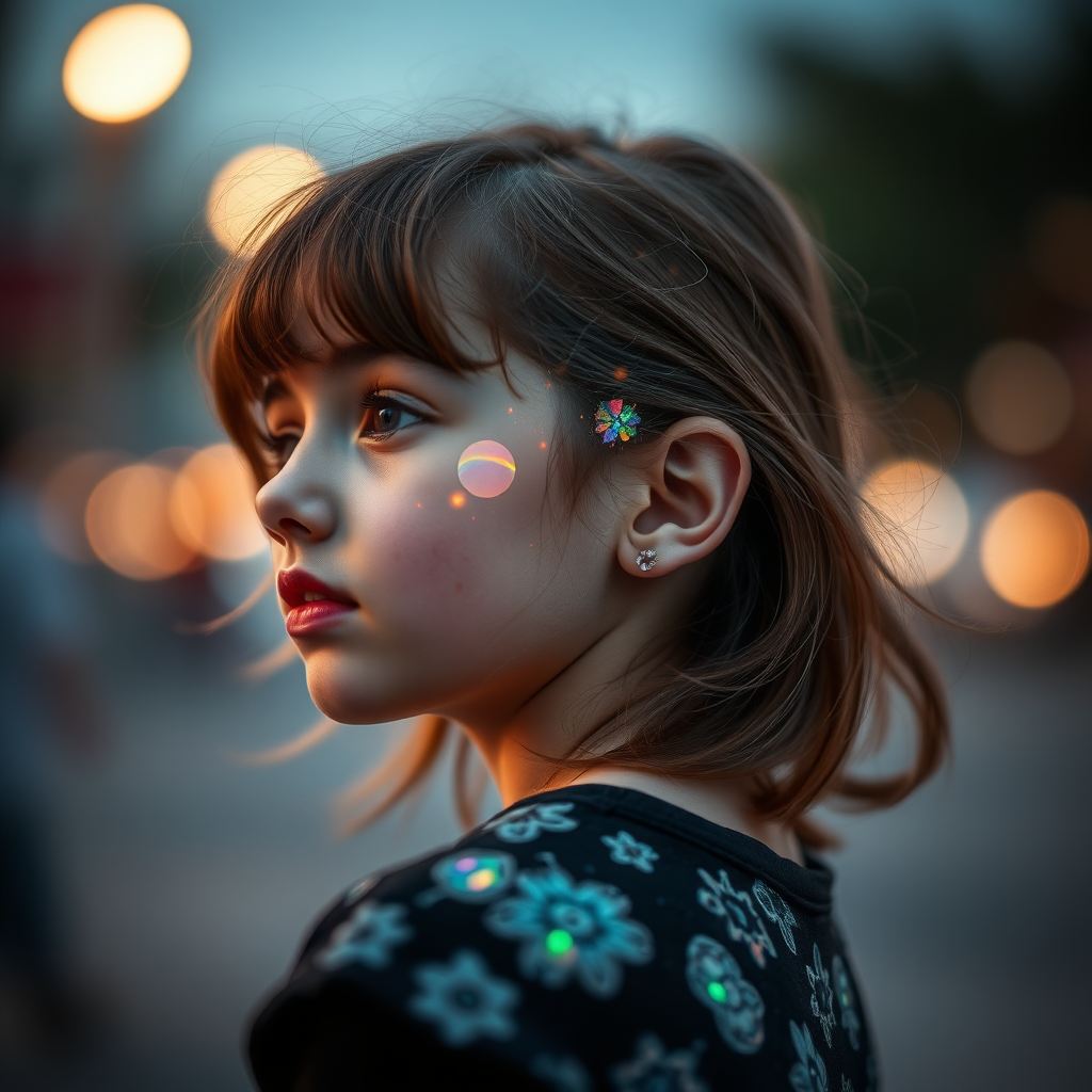 young preteen girl with aura, in dynamic pose, in profile, abstract, mandelbulb fractal, dynamic composition, street photography, fractal, brilliant colors, glittering, translucent, opal, gold, sharp focus, floral, mother of pearl, iridescent, natural, glowing, Bokeh