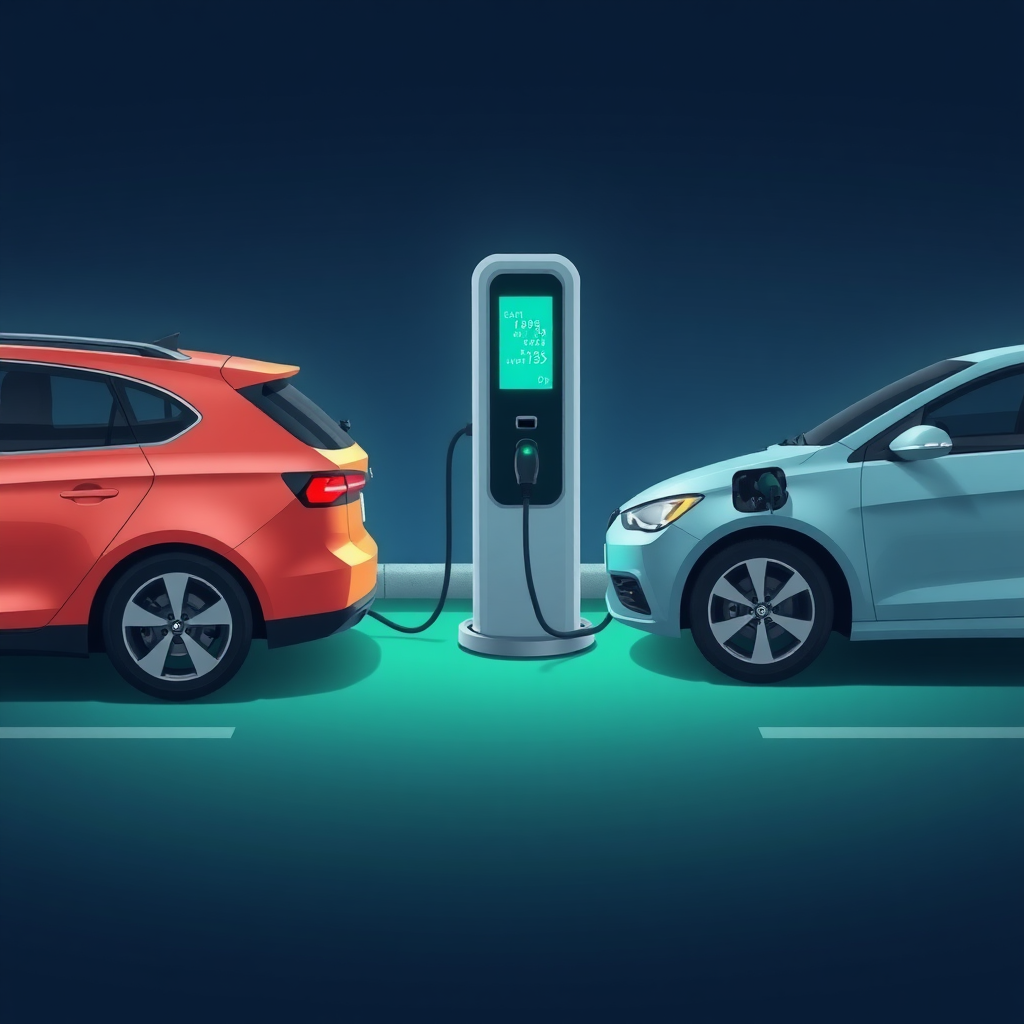 An illustration of ev charger with two cars connected