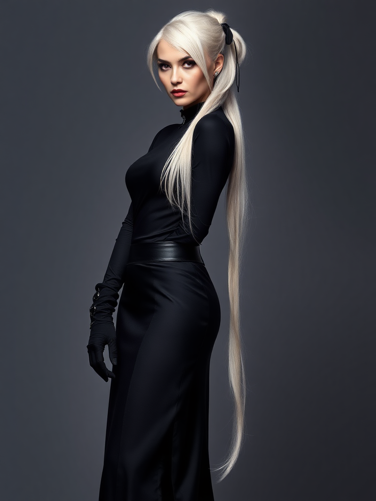 mature adult woman, skinny and tall, long legs, large shoulders, teardrop saggy small breast, long asymmetric undercut layered white hair, side swept bang, long white ponytail tied with a black lace, beautiful detailed face, piercing red eyes with intricate iris details, looking at the camera with a serious expression, wearing gothic style, black silk long sleeve top, black silk long skirt, black pantyhose, black gloves, black ankle boots, standing in a fierce pose with her head held high