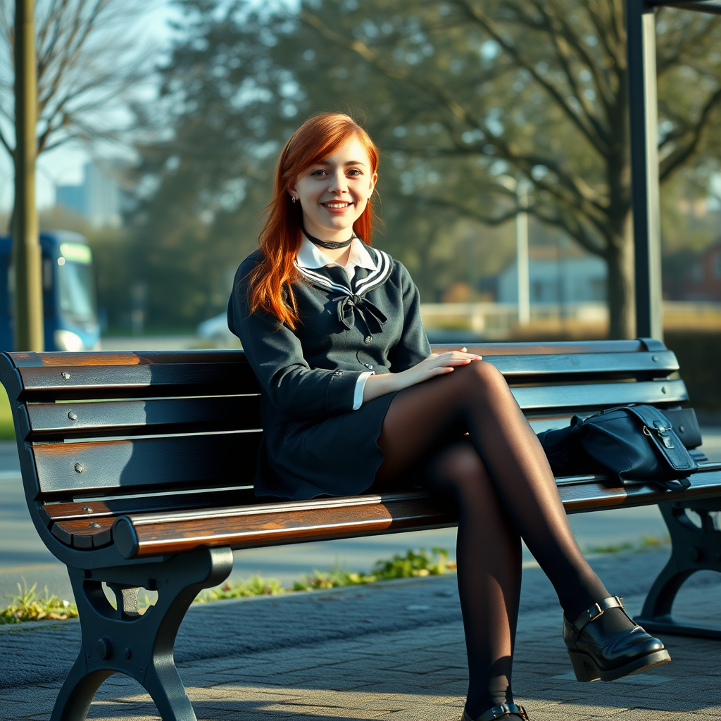 photorealistic, ultra high resolution, 16K, surreal fantasy, soft studio lighting, a pretty 18 year old goth male, slim male physique, auburn hair, goth makeup, earrings, shiny black pantyhose, UK girls-school uniform, Mary-Jane shoes, sitting on his boyfriend's lap on a bench waiting for the school bus, in daylight, excited smile, facing the camera.