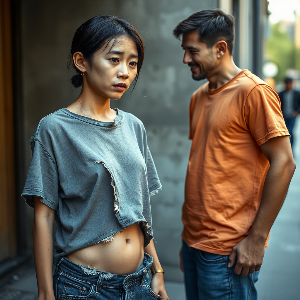 Young neglected, homeless, very very slim, almost anorexic Asian woman. Shown as a whole person. Sad and mystical look. The Asian woman is wearing a torn, old, gray, transparent, belly-baring T-shirt and totally torn, very old cloth pants. Shame can be seen in her very Asian eyes. A 60-year-old German man stands opposite her. The handsome German very youthful looking man is facing the Asian woman as if offering his help. The German man is shaved and relatively slim, has a normal fashionable haircut, his hair is dark brown, he is wearing a new nice plain orange T-shirt with a discreet tangled pattern and new blue jeans. The German man looks sympathetic and smiles a little and looks much more positively at the Asian woman, as if the Asian woman were his daughter. The Asian woman can hardly look the German man in the eye for shame. The Asian woman has a particularly flat stomach and her belly button is also flat. The Asian woman has a very beautiful, yet normal physique. The Asian woman has a few blue spots on her skin and a very slight wound on her face. She looks like she could cry.