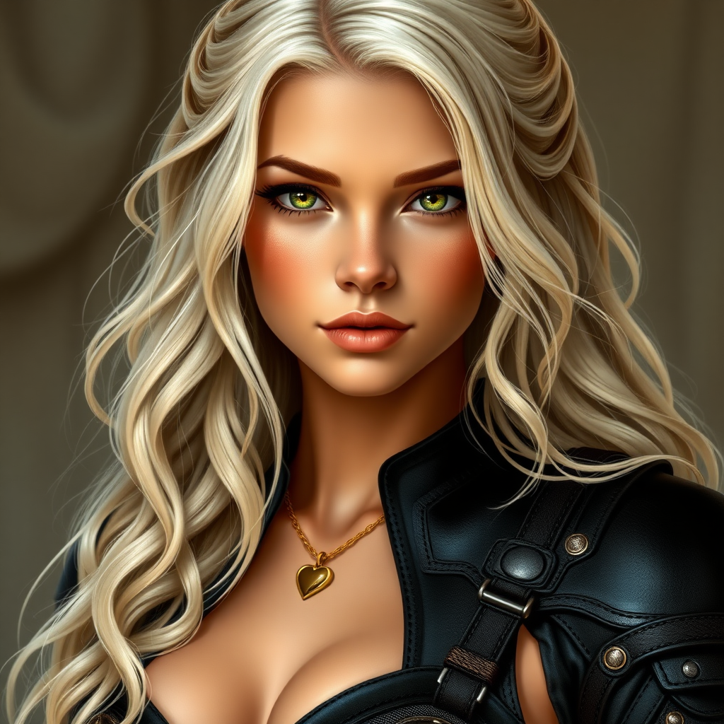 Portrait of a beautiful young woman with long wavy platinum blonde hair, green eyes, a suntan, light brown eyebrows, and large breasts. She is wearing black leather armor and a gold necklace with a small heart pendant.