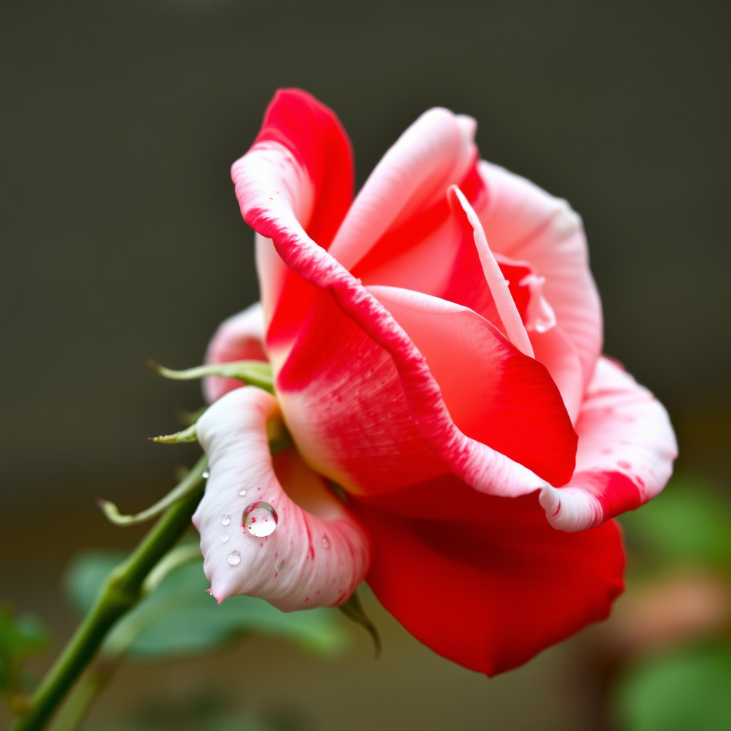 Red and white rose in full bloom, with a long stem, dew drops are present. There are no thorns.