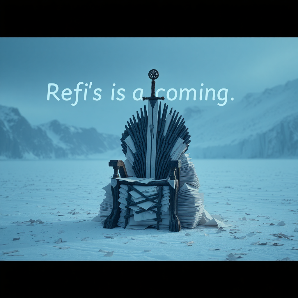 A legendary movie scene in Antarctica depicting the game of thrones sword chair made out of stacks of paper. The text in the background says “Refi’s are coming.” Epic theme and high quality cinematic elements. No animals or people. Winter storm, epic legendary shot. Stunning visuals. Papers are scattered across the frozen ground.