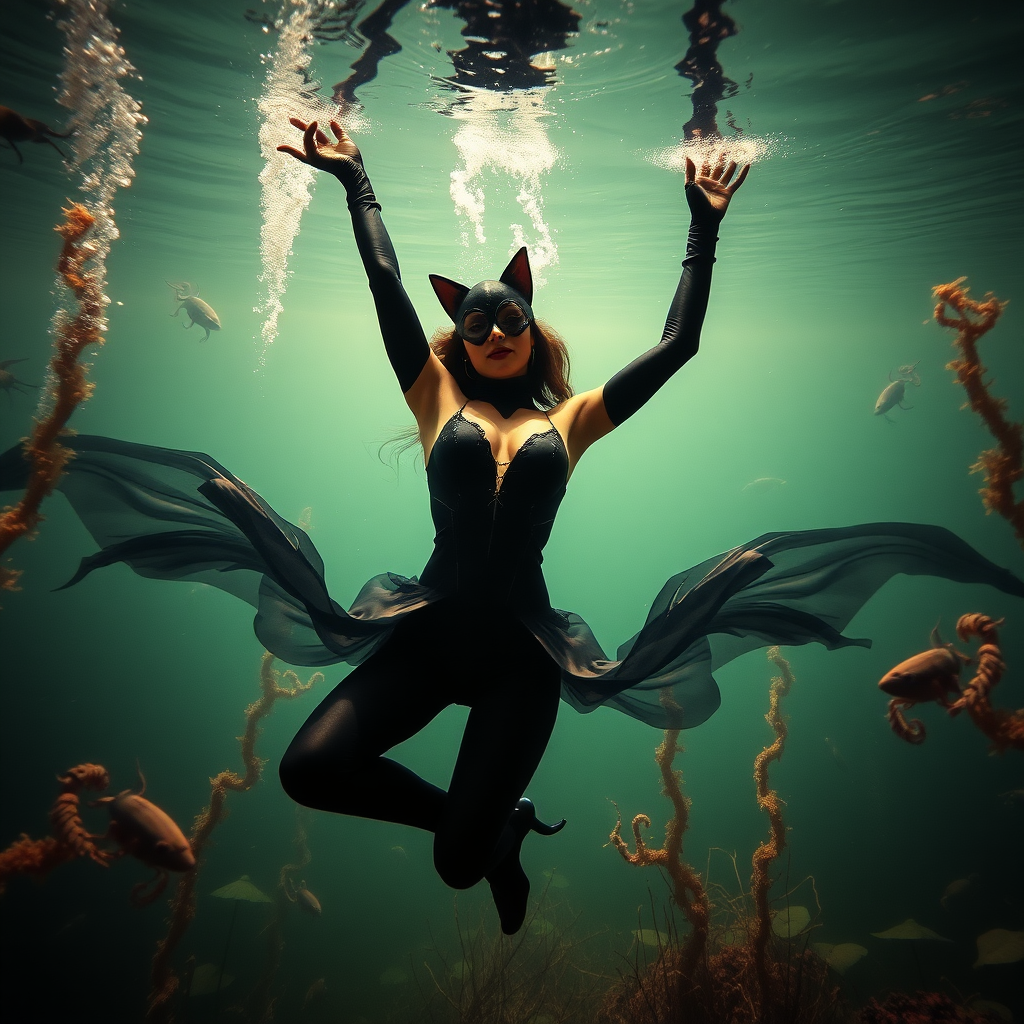 Catwoman as a burlesque dancer she's floating underwater surrounded by sea creatures and plant life. Her graceful arms float above her head. In the photographic style of Richard Fegley on DSLR