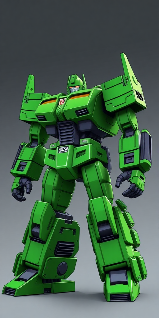 Transformer Devastator, green, stand, the metal texture is strong, G1 anime style, top light, looking up, full body