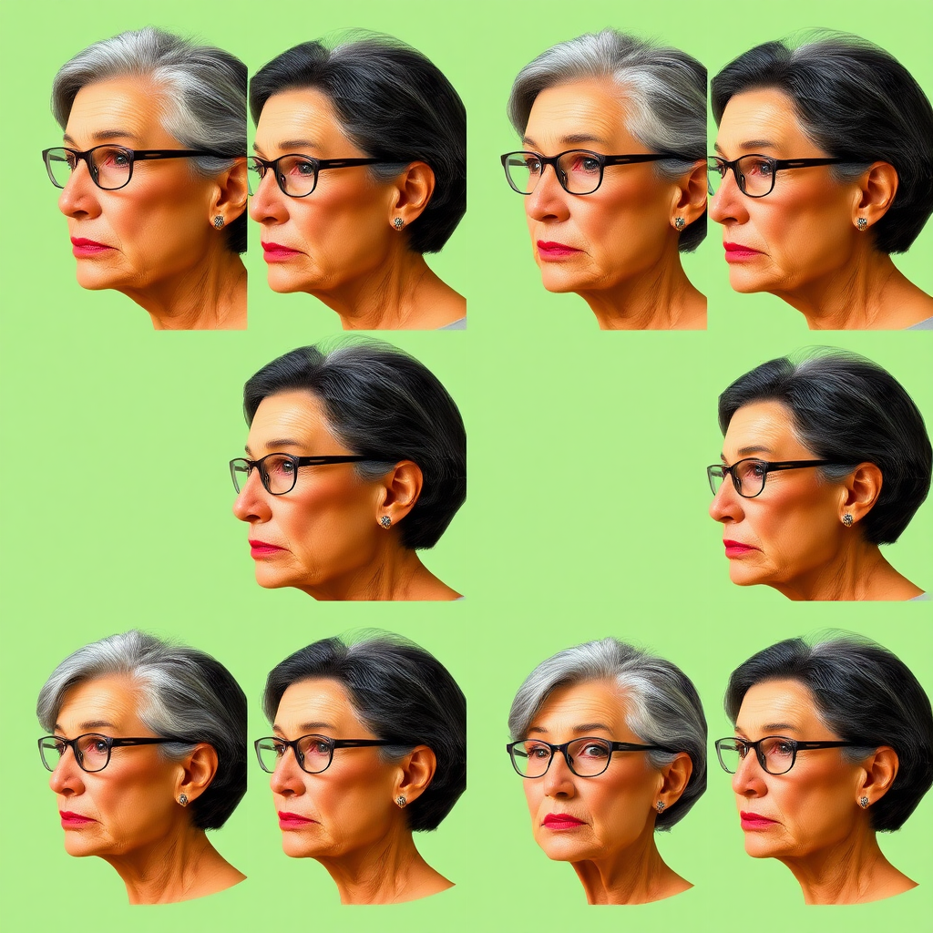 Photorealistic image of six headshots of a 55 Years old, European, Latina, sharp aquiline nose, wrinkles, high cheekbones, Middle Eastern, Skinny, Tanned skin, Dark light skin, full Makeup, jewelry, Serious face, Sharp nose, frowning, amazed, dark grey Ash hair, short bowl haircut, Brown eye color, Glasses, with detailed features. Each photo displays the same face in profile and front view, cut out and isolated on a green background. All six heads are visible side by side, empty space around each view, no overlapping.