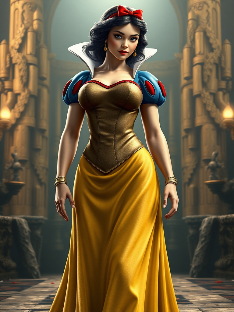 Create a hyper-realistic full-length render depicting Snow White with the physique of Duke Nukem. Retain Snow White's head, but adjust her dress to fit her new muscular proportions, altering the body structure and silhouette to match a masculine build while maintaining feminine facial features. Design a background setting that harmonizes elements from both fairy tale and action hero genres to complement the transformed characters. Ensure the scene is cohesive and visually striking, blending the magical essence of Snow White with the dynamic intensity of Duke Nukem.