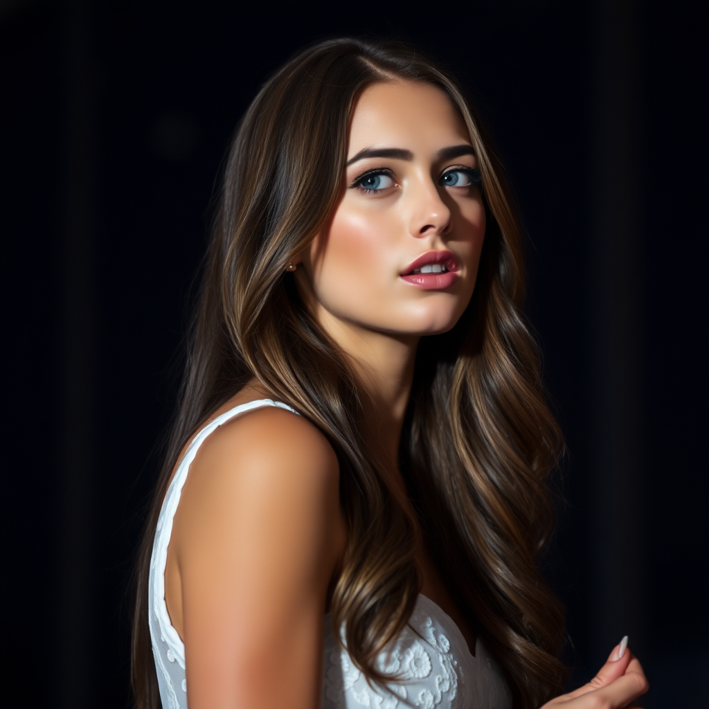 a young woman singing. she is looking like lucy thomas. long brunette hair with highlights, narrow pale blue eyes. suntanned skin. small lips with pale red lipstick. looking to the side. wearing a white dress with transparent lace. view from far. night sky in background. photo