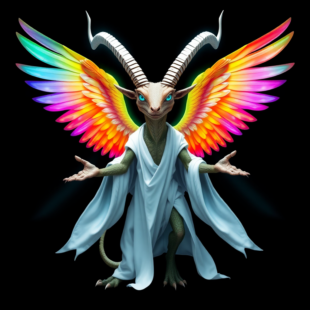 A striking image set against a black background features a tall, reptilian humanoid resembling a goat, adorned with two elegant white horns. Its mesmerizing rainbow eyes shine with intensity, while it wears flowing white robes. A vibrant, chaotic aura radiates around its entire form, and it stands with outstretched hands, showcasing three magnificent rainbow-hued angelic wings that embody a sense of chaos and beauty.