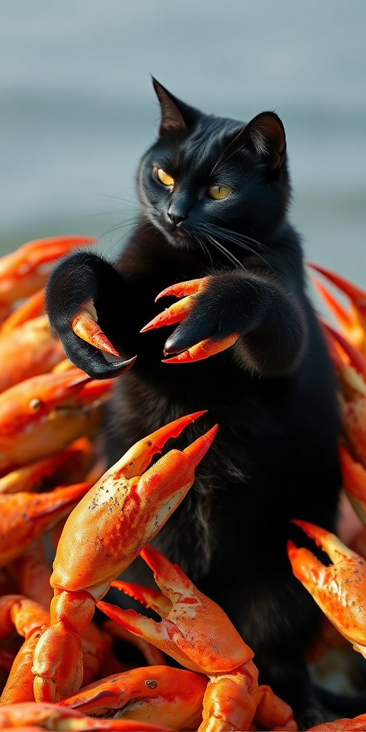 Lots of crabs holding a black cat in their claws