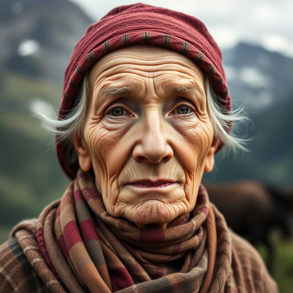 Face of an elderly herdswoman in the mountains.