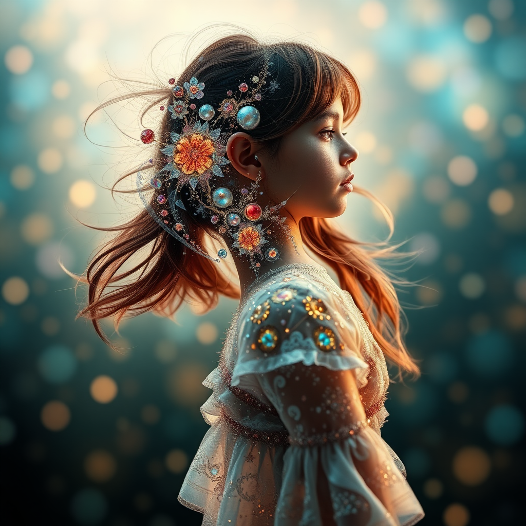 preteen girl in dynamic pose, in profile, abstract, mandelbulb fractal, ultra-detailed, dynamic composition, artistic photograph, fractal, brilliant colors, glittering, translucent, opal, gold, romanticism, sharp focus, floral, mother of pearl, iridescent, natural, glowing, Bokeh