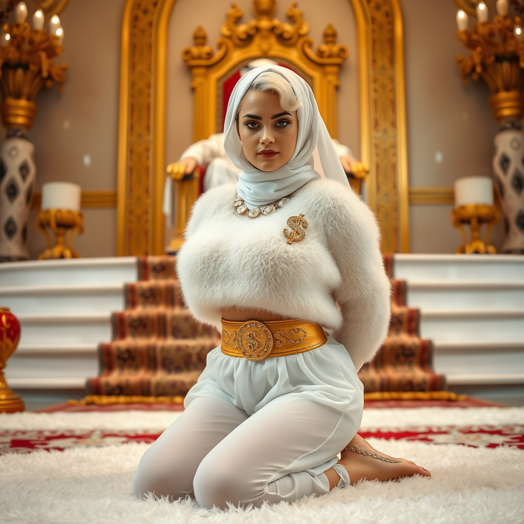 Kuwait desert palace throne room, throne raised on stair head, old overweight mighty sheik sitting on throne. In front of stairs, kneeling on white fluffy carpet: Melissa, European 17 years old very convincing femboy “trophy-bimbo”, tamed servile docile, rather short, by hormones very curvaceous womanly figured, platinum blond short tight curls, heavily made-up eyes, wearing Supertanya-style fluffy very fuzzy bright white angora turtleneck-poncho cropped ending under bust decorated with pearls and gemstones, striking oriental wide gold bridal protection belt, white fully transparent harem pants, full Oriental bridal jewelry, face covered by white sheer full Burka, coin anklets, striking diamond “$$$” letter brooch on left chest, pout frustrated, hands tied behind back, looking at camera. Focus on face and turtleneck-poncho, side perspective.