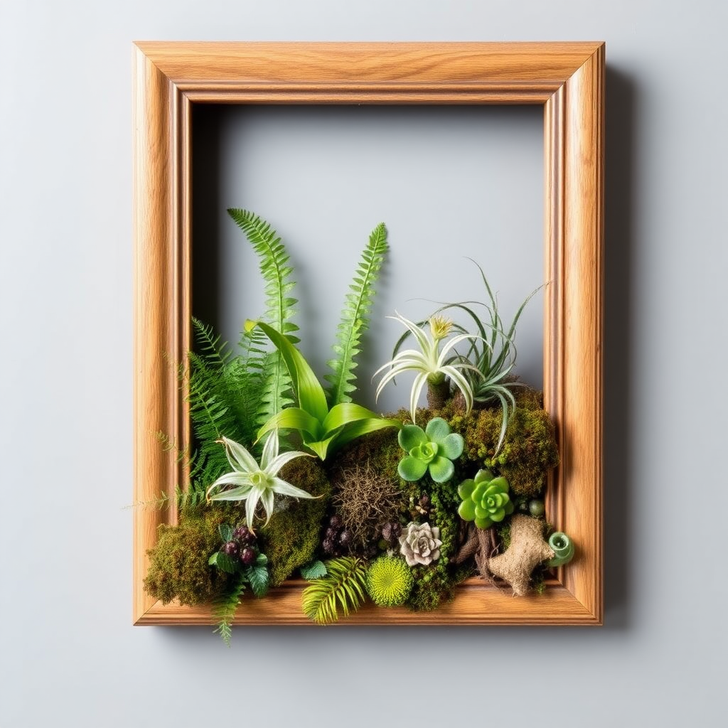 A picture frame is filled with ferns, moss, and air plants.