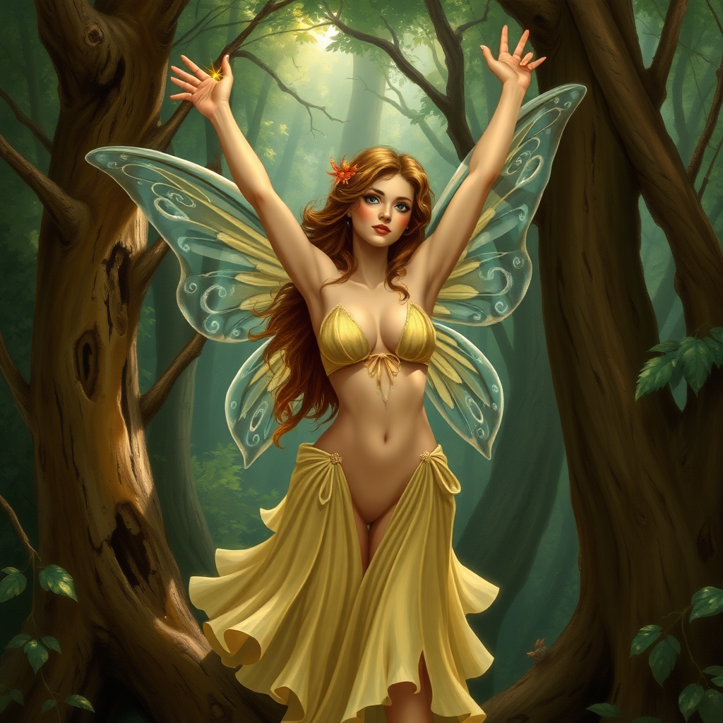 A classic forest scene with an attractive and seductive fairy. Her arms are up. The scene is lush with the art styling of Brian Stroud