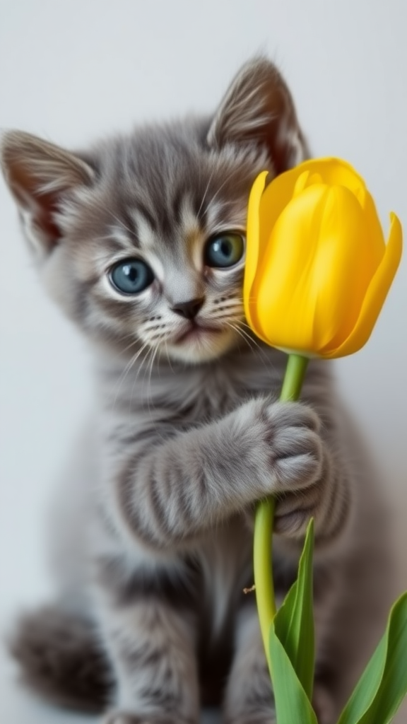 A gray kitten is holding a yellow tulip.