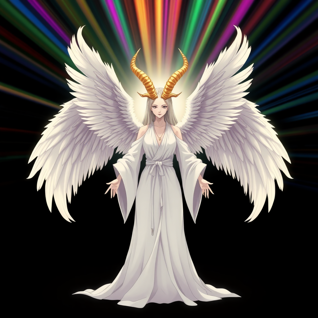 (Anime-styled art) Set against a black backdrop, a radiant, rainbow-like barrier shimmers with vibrant colors. At its center stands a plain faceless (No face faceless, no eyes, no mouth), powerful, godlike faceless woman with an very unsettling yet angelic presence, her skin is pale white. Two golden 3 goat-like horns curve from her head, adding to her eerie aura. Four massive angelic wings extend from her back, their feathers glowing softly. She wears flowing white robes that ripple with divine energy, and her outstretched hands seem to command an otherworldly force. Both mesmerizing and terrifying, her ethereal form exudes a balance of beauty and dread.