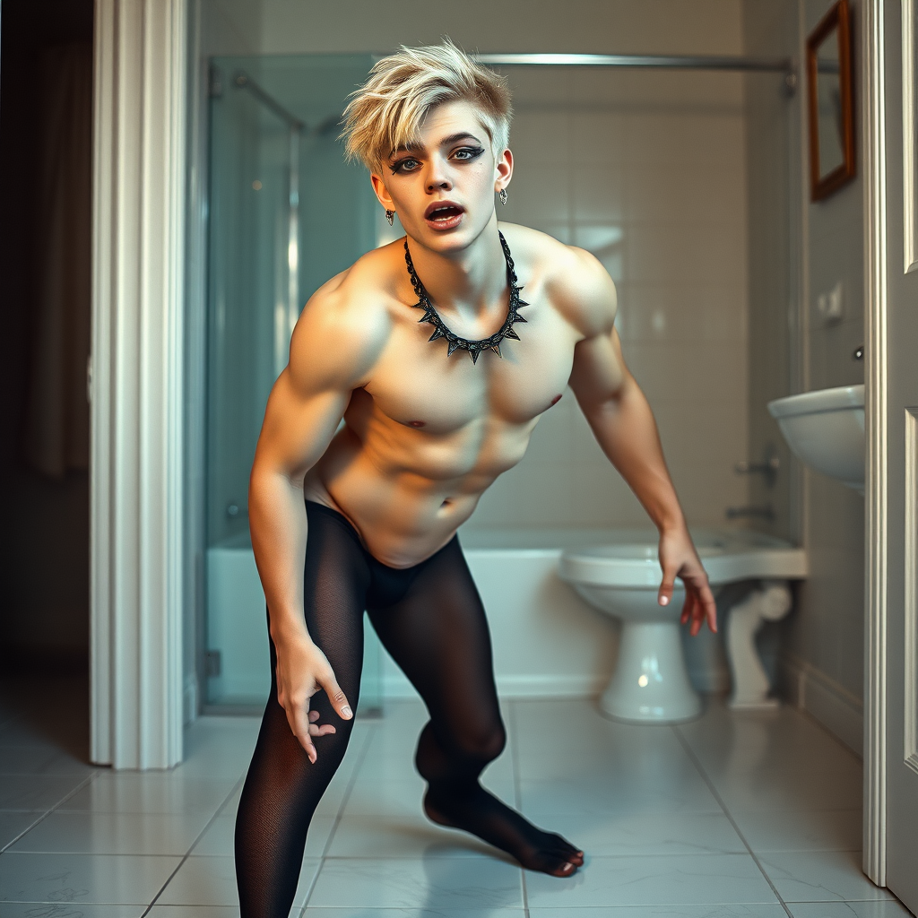 photorealistic, ultra high resolution, 16K, surreal fantasy, soft studio lighting, Caleb Swift is a pretty 16 year old goth male, slim male physique, blonde hair, blue eyes, goth makeup, earrings, sheer black pantyhose, spikey neck collar with chain, standing on the floor of the bathroom striking a pose like Michelangelo's "David" sculpture, excited mouth, bulging manhood, full body front view from side with Caleb facing the camera.