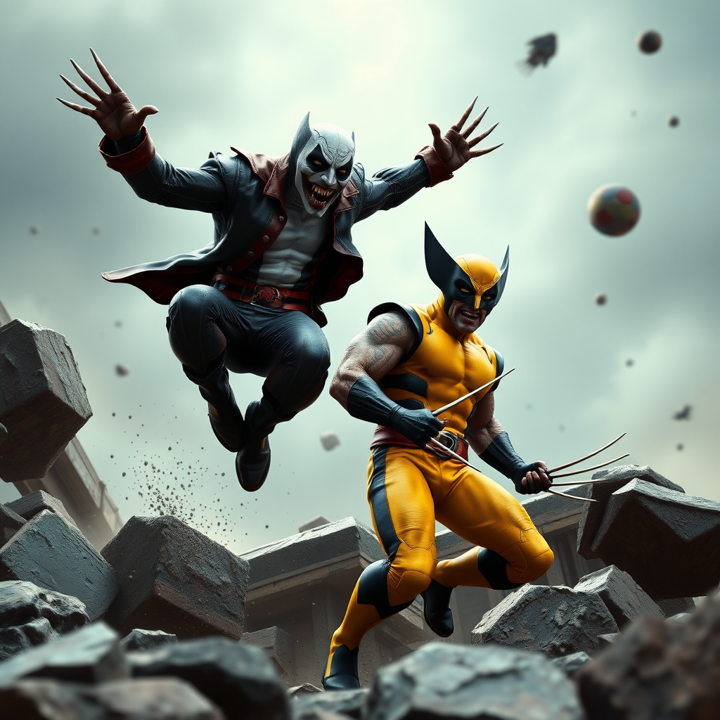 Jumping out of a Comic book cover is Spawn and Wolverine in Cinematic Real3D photo-realistic quality.