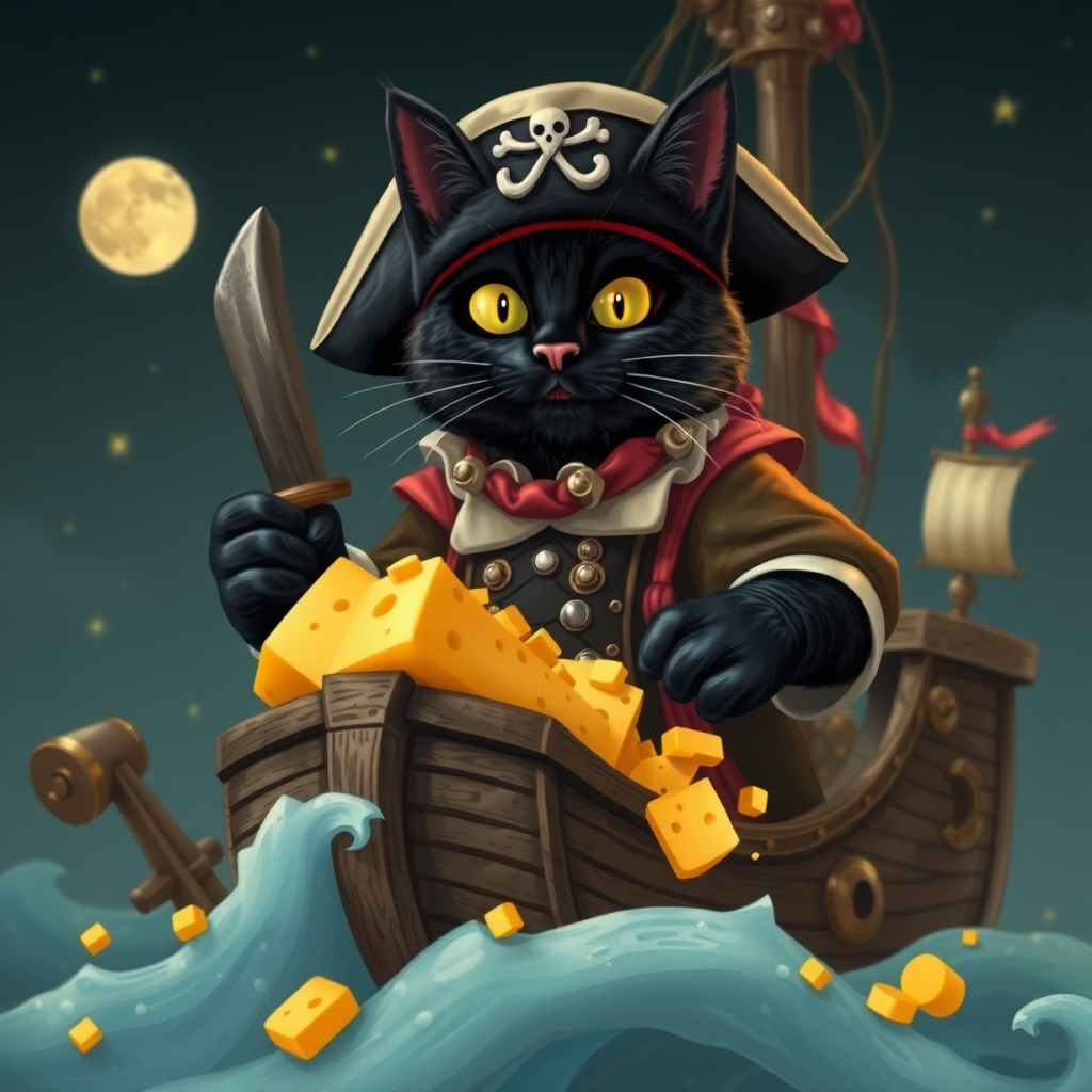 Black cat pirate Captain with treasure cheese filled with cheese on a pirate ship, steampunk