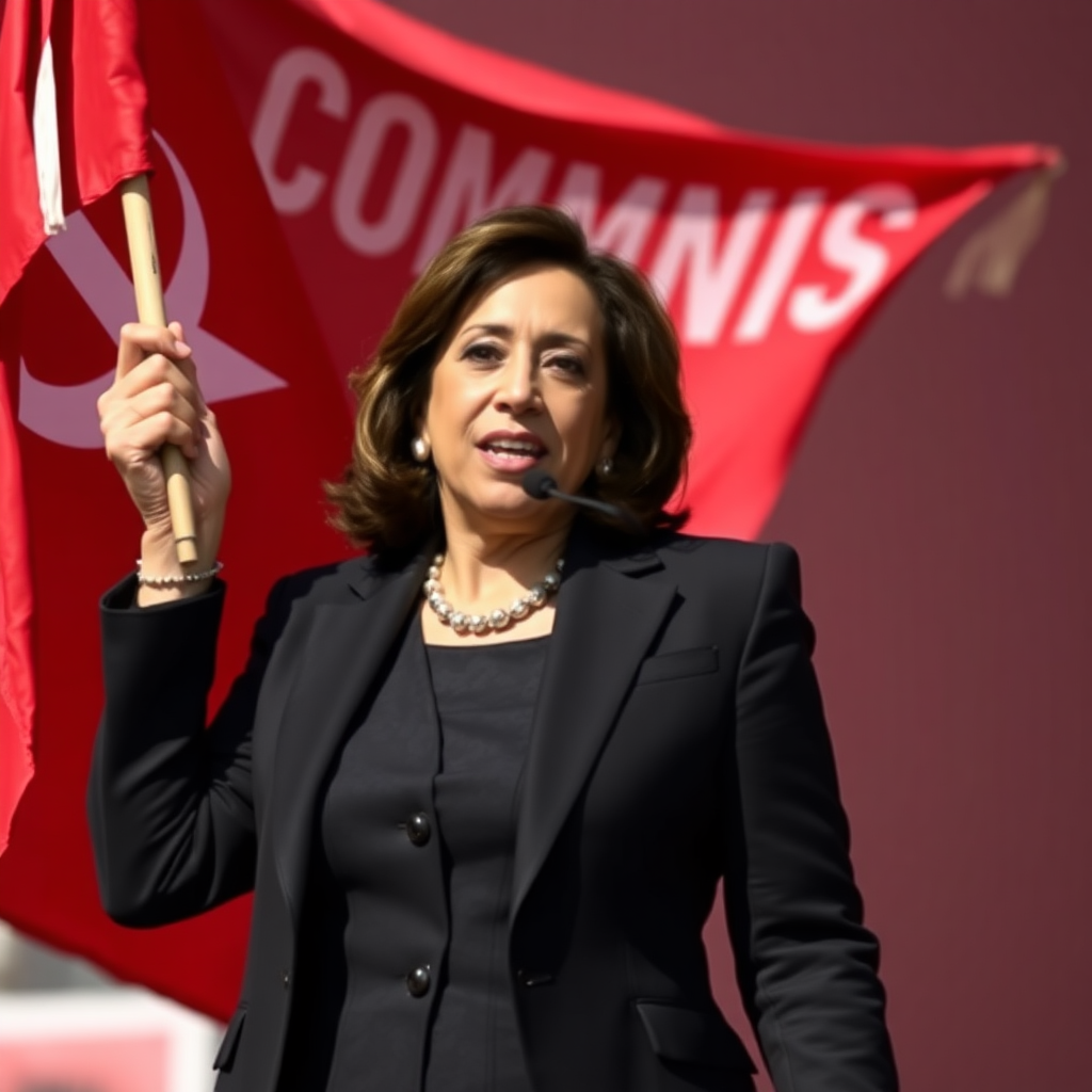 Kamala Harris holding red flag, with capture "COMMUNISM"