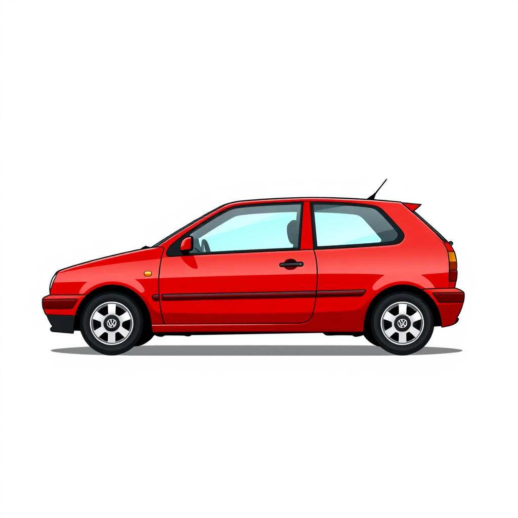 3 door red vw polo II car, long establishing shot, 2D, caricature, cartoon, Sketch lines, coloring book, coloring book style on white background, well composed, clean coloring book page, No dither, no gradient, strong outline, No fill, No solids, vector illustration, realistic proportions, left side view