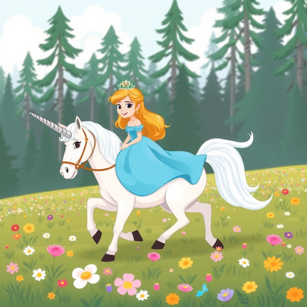 A cartoon princess in a blue dress riding a unicorn with a silver horn without bridle through a field of flowers in a forest clearing