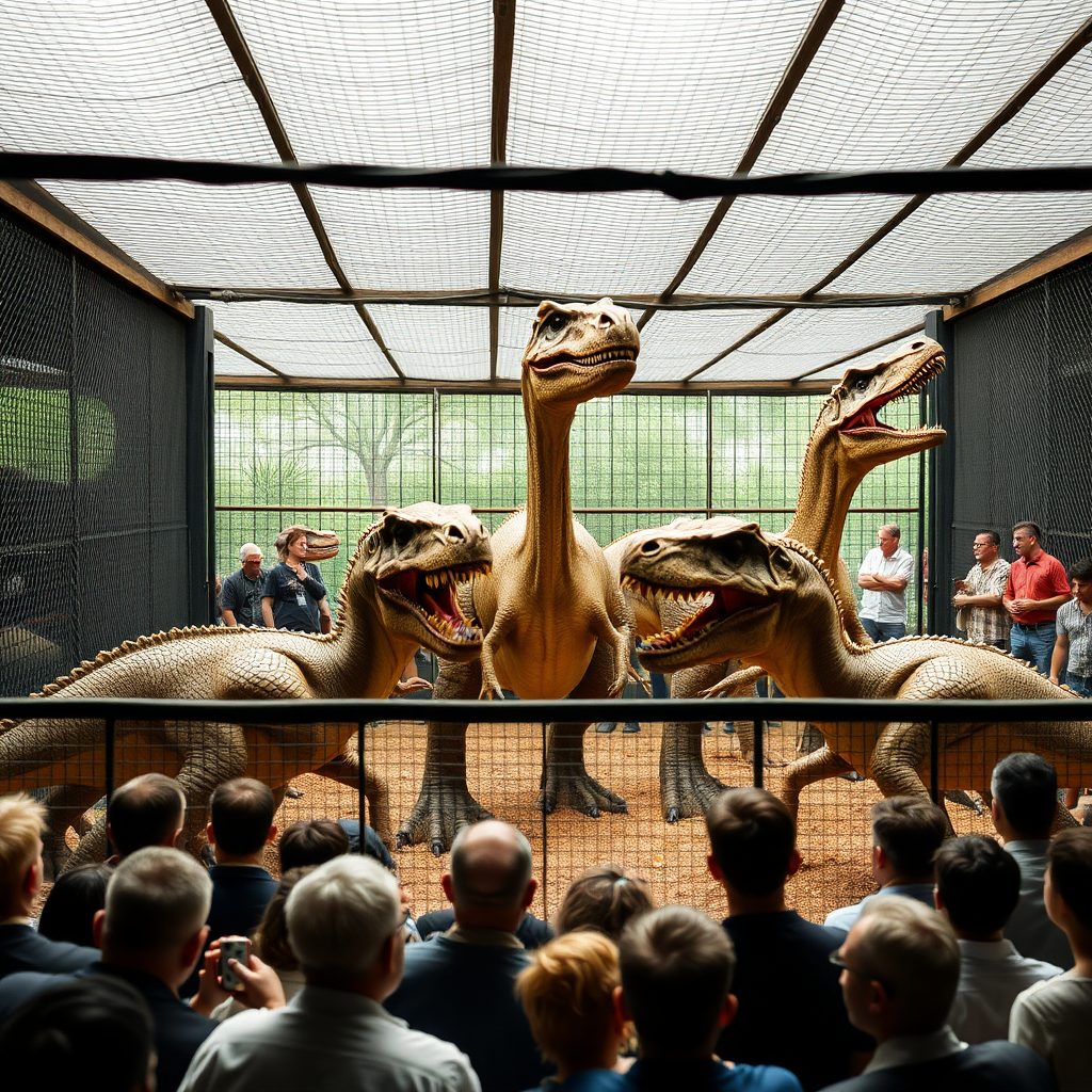 dinosaurs in a cage with a crowd of people outside the cage staring at them