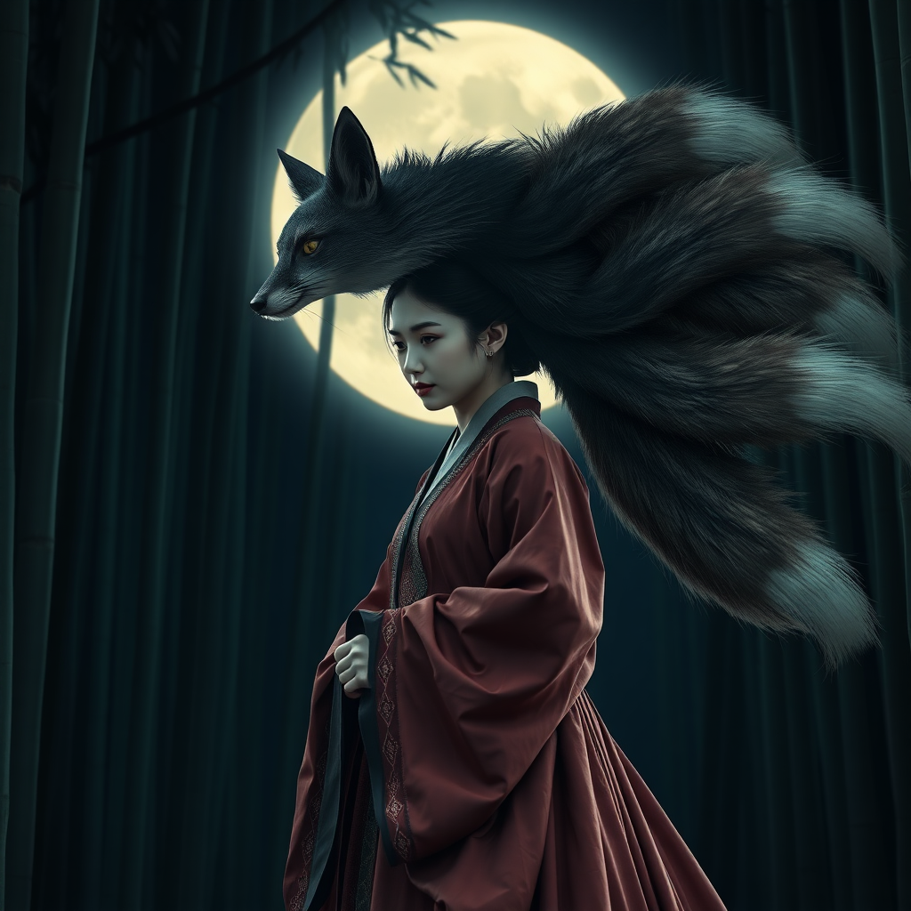 A Korean eerie-looking Woman in an ancient Hanbok transforms into a nine-tail-fox, in front of the full moon in a bamboo forest.