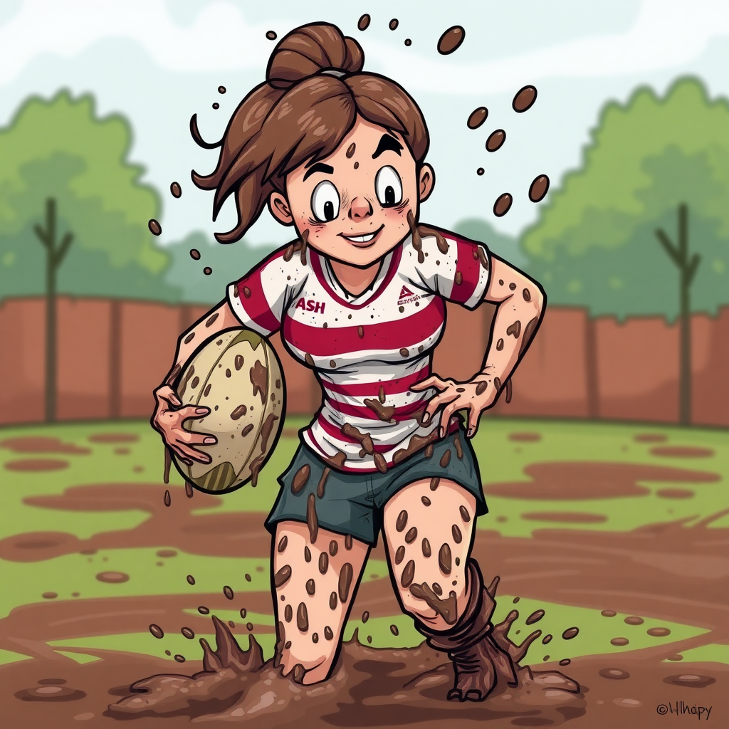 cartoon of very muddy woman rugby player, splattered and smeared head to toe with thick gooey mud, on a muddy rugby pitch