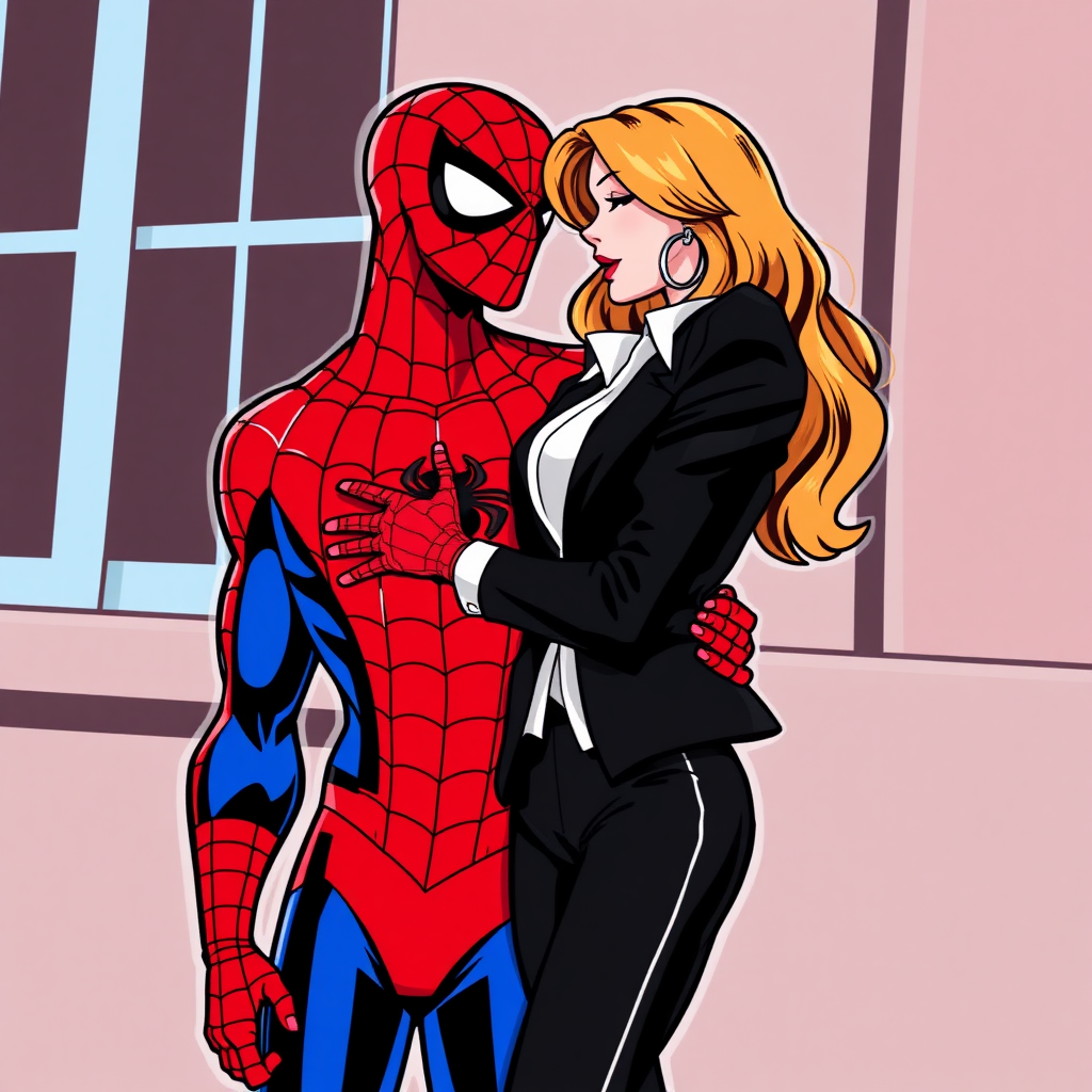 Spider-Man wearing classic red and blue Spider-Man suit and a beautiful female burglar in a black blazer over white shirt with black pants hugging each other as a loving couple in the 90s comic cartoon.