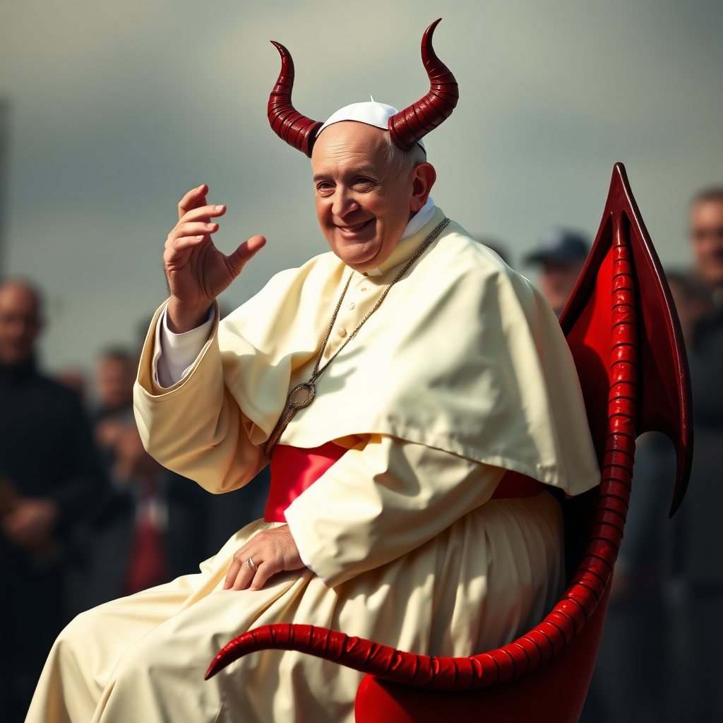 Pope Francis with devil's horns, tail, hoofs