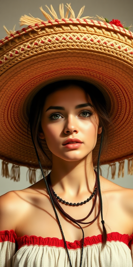 A broad and expansive sombrero hat casts a shadow over the head and body of a young lady.