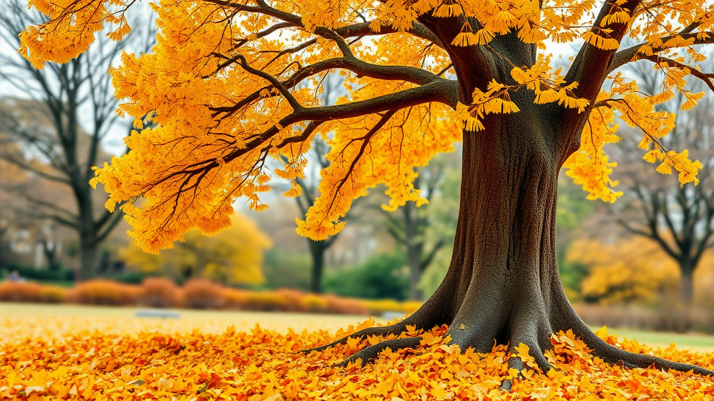 Draw it as if it were real, with an old, large, yellow ginkgo tree standing on the right, and ginkgo leaves piled up underneath, to express the fall when the ginkgo leaves fall, and the background should be out of focus to express an autumn park.