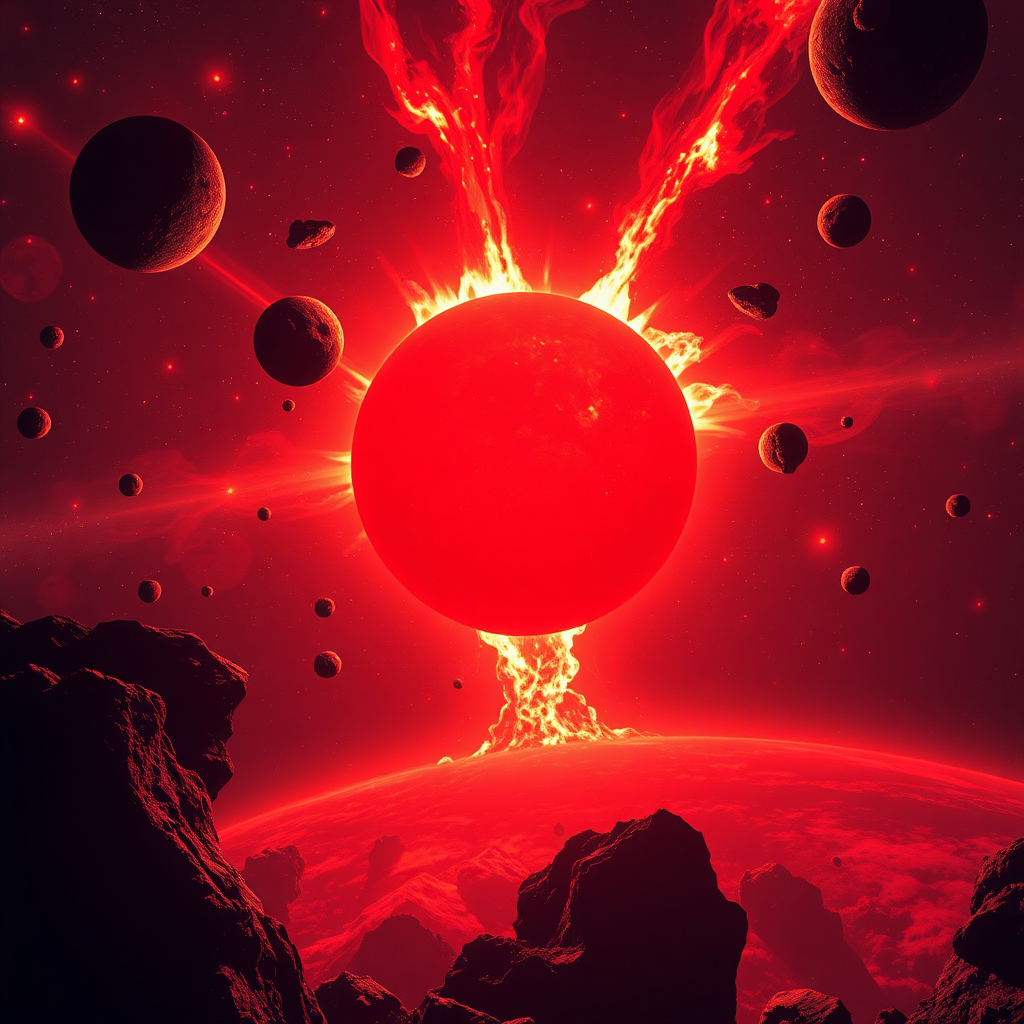 Red sun exploding into smaller suns surrounded by asteroids and space rock.