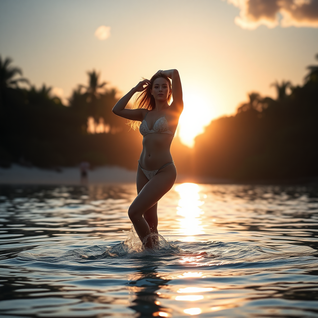 A photograph of an adult. She is composed of water. She is on a tropical beach. She is standing in the water. She is in a dynamic pose. The sun is setting behind her.