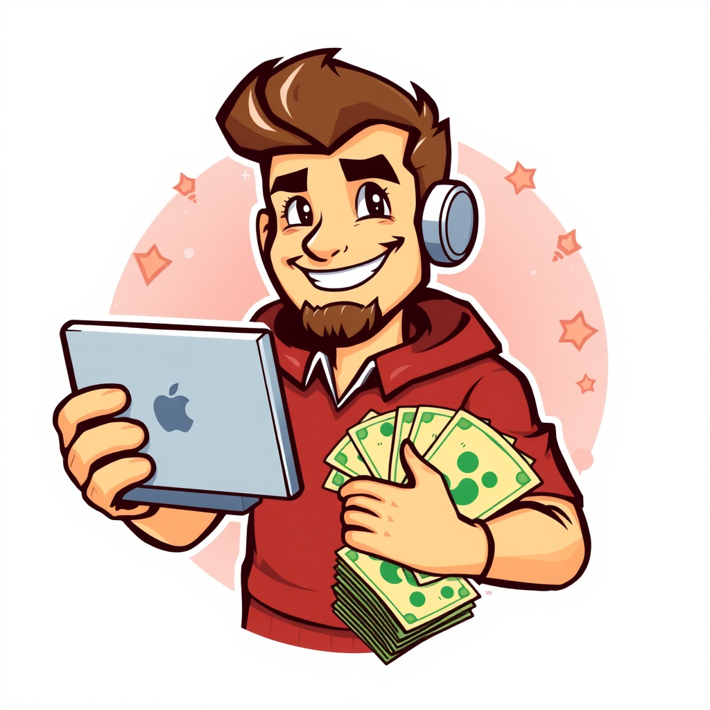 A logo art of a Computer guy holding lots of money