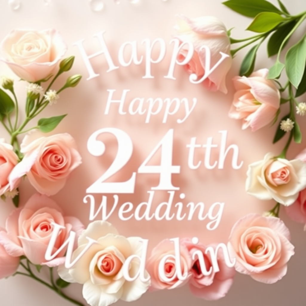 Create a soft, elegant image for a 24th wedding anniversary, blending celebration and love. Include delicate flowers, such as roses or lilies, arranged around the message: "Happy 24th Wedding". Incorporate soft pastel colors like pinks, creams, and whites. The overall vibe should be warm, romantic, and joyous, capturing the essence of love and commitment over the years. the text needs to be exact.