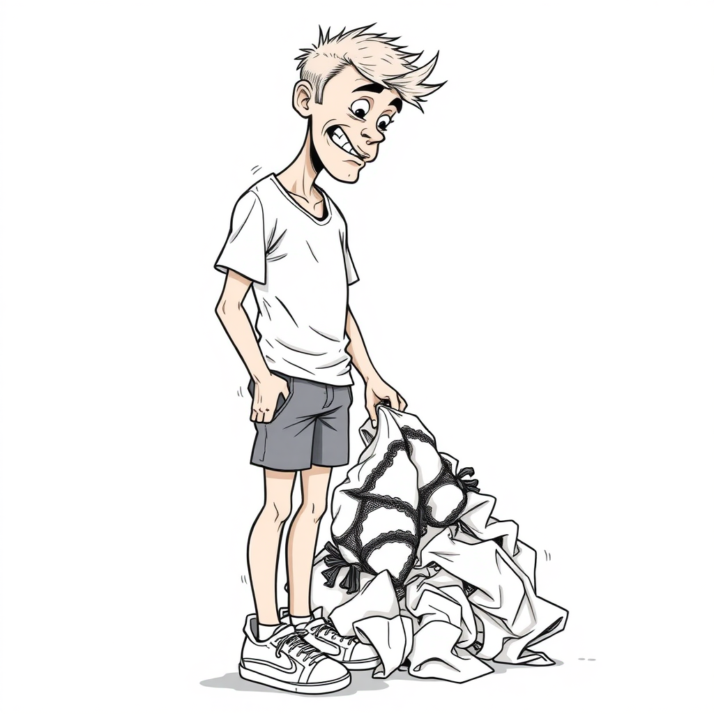 nervous short 20 year old european skinny man, short white t-shirt, standing, stunned, mesmerized, joyful, aroused, heavy drooling, heavy sweating, fumbling through a small heap of sexy woman heavily stained worn lingerie, detailed fabric, side view, sneakers, detailed feet, 2D, caricature, cartoon, Sketch lines, coloring book, coloring book