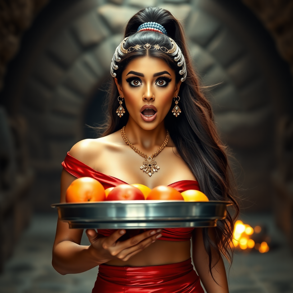 realistic photo of a surprised Arabian model with mouth open. She has very large eyes, black eyeshadow, black eyeliner, fake eyelashes, very tanned skin, very long hair. very high ponytail, she look likes princess jasmine, shinny red off shoulder crop top. photo realistic. She holds a metal tray with fruits just above her waist. crop top, shinny red skirt. full body view. shinny red pencil skirt. dungeon with fire torches in the background.