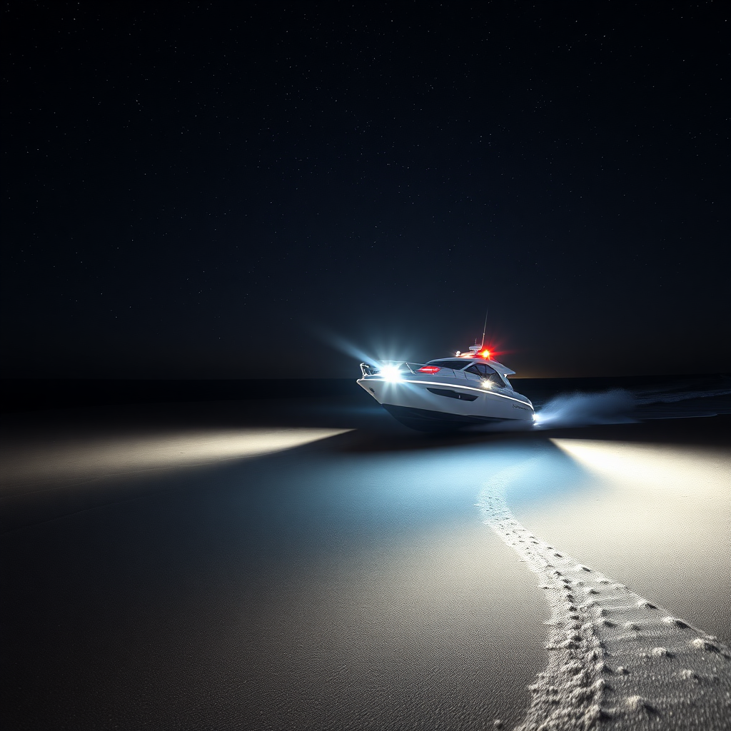 Photograph very close of a boat with bright red and blue lights and white headlights illuminating ahead, which is sailing at full speed. Night-dawning beach scene capturing the infusion of dark gray sands with shallow, starlit waters, solitude in the middle of the star-studded sky seamlessly passing into the desolate but intriguing dark ocean, high contrast, black background amplifying the brightness of the stars, delicacy of the waves, digital painting, Ultra-thin, high-octane rendering. Image taken from a drone on a modern boat gliding over the sea with its bright lights.