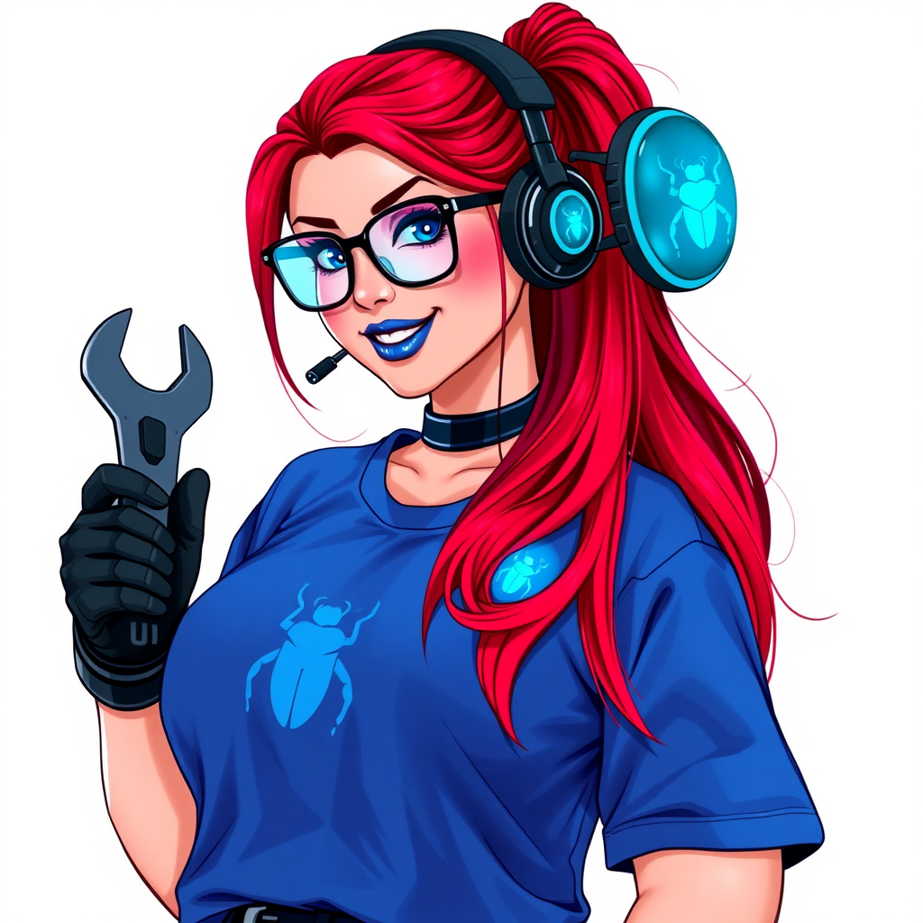 An intelligent and tech-savvy 29-year-old computer hacker and tech genius. She has a long ruby red ponytail. She wears maximum blue lipstick, blue eyes, a sapphire beetle gemstone necklace, sapphire earrings, black eyeglasses, hi-tech power gloves, and an oversized maximum blue t-shirt featuring a neon blue glowing beetle chest icon. She has a gargantuan full-figured physique with a prominent round gargantuan midsection, reflecting her well-cared-for lifestyle. She sports a sapphire headset with a hi-tech maximum turquoise lensed HUD, and a beaming smile accentuated by a passionate neon red blush. She serves as his tech expert from his hideout, holding a futuristic tool wrench and a futuristic digital tablet. The background is solid white. She is drawn as if she was in a retro 2D cyberpunk fighting game.