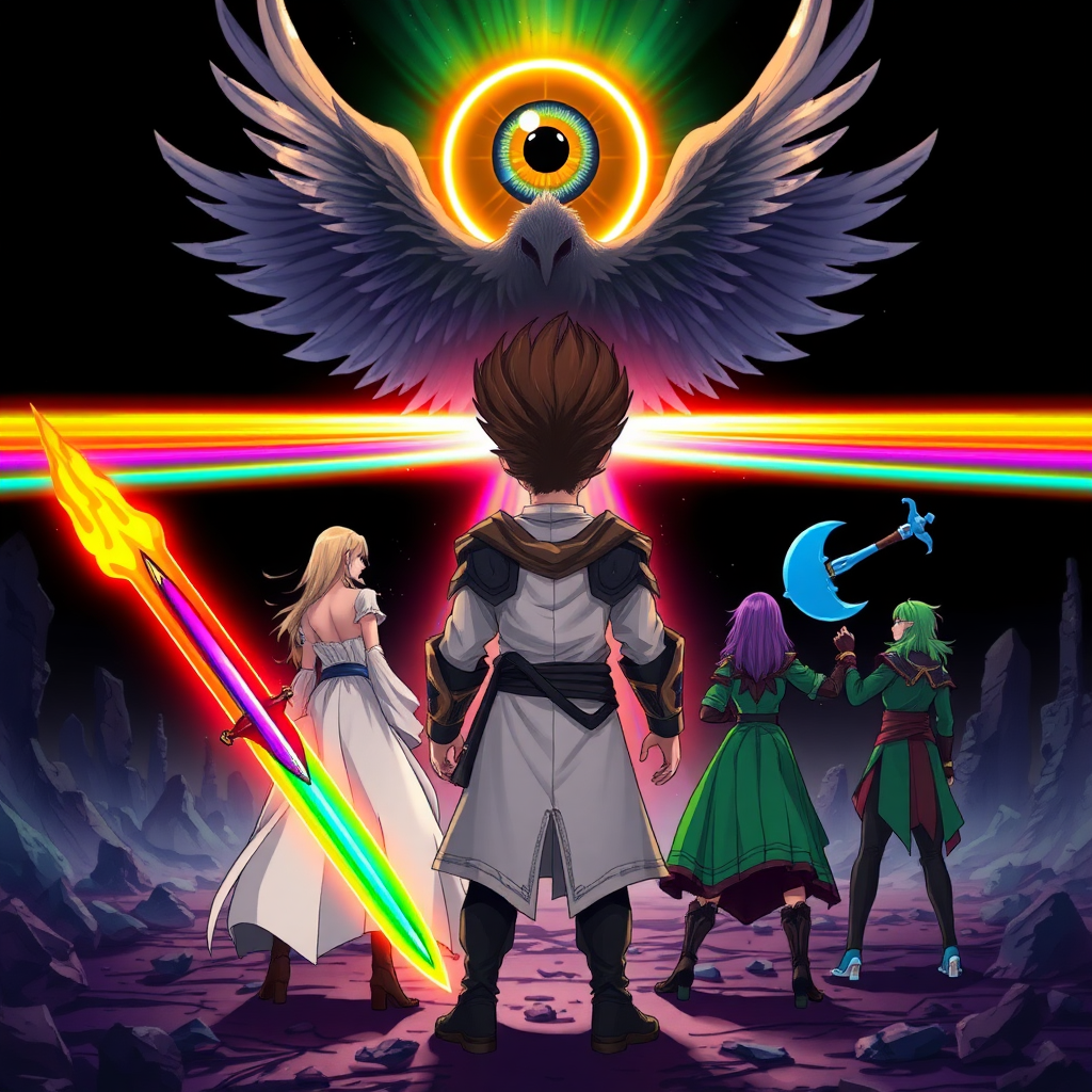 (Anime-styled art) Set against a dark black backdrop of a ruined world, a radiant, rainbow-like barrier shimmers with vibrant hues, illuminating the scene. At the center, a massive entity looms—an unsettling yet angelic figure with a single, malevolent eyeball. Its four wings are spread wide, and its gaze of the eye is fixed downward.

In the foreground, the badass backside view of a warrior with dark brown fohawk hair stands confidently, gripping a rainbow-colored flaming sword. Alongside him, three others stand ready backside: a mage with long blonde hair in flowing white robes, a fierce purple-haired warrior wielding a massive blue axe backside, and a woman with striking green hair and green-robes backside, completing the team as they face the menacing presence.