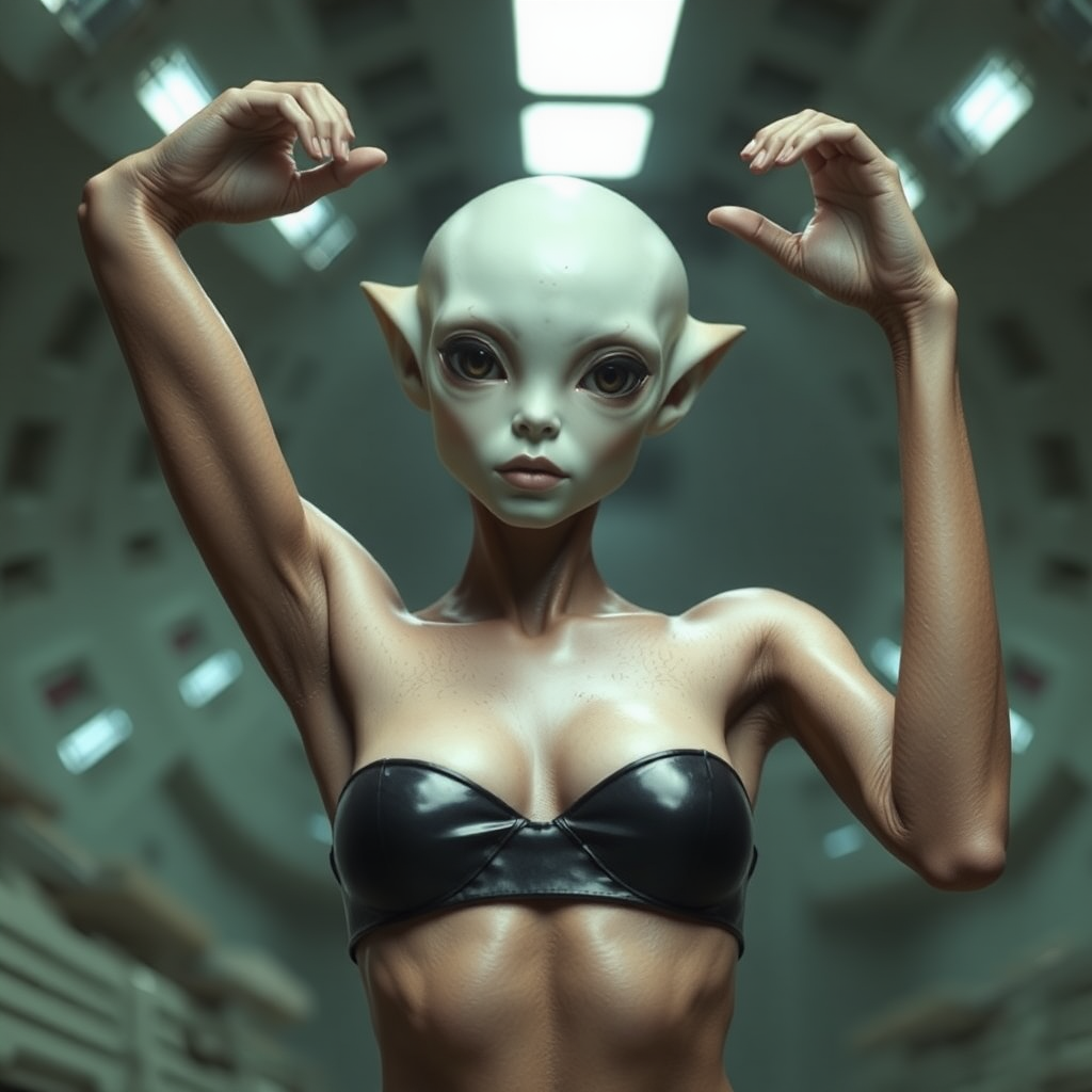 She is an extraterrestrial. She's also an armpit model. Her arms are up. The photo shoot is in an advanced alien society.