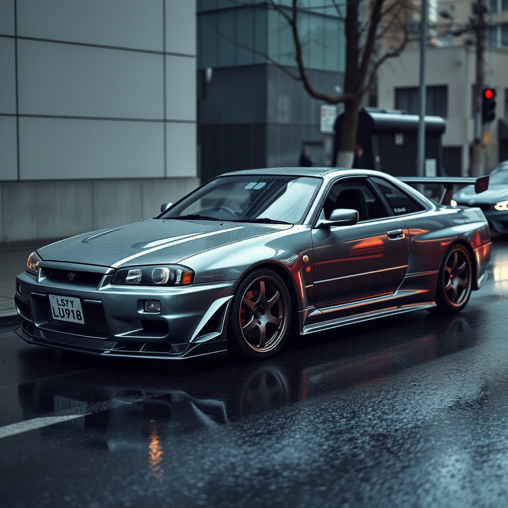 The car is parked on the side of the road, inspired by Taiyō Matsumoto, tumblr, restomod, nd4, c4 metallic shine gray black nissan skyline r34 tokyo flawless completely detailed overall real details best photo pose cinematic light rain water droplets reflection wet road need for speed style body kit