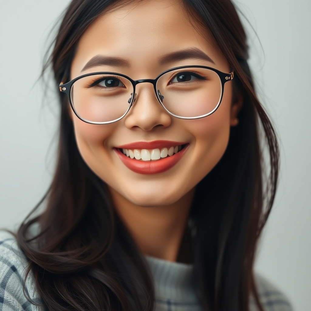 create beautiful woman, asian, glasses, smile face, happy, gorgeus, nice pose